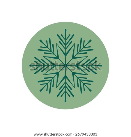 Green circle label with snowflake icon in line style. Holiday ornament and christmas package seal for xmas gift. Winter snow flake art as festive stamp for seasonal packaging.