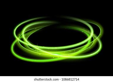 Green circle light effect background. Swirl glow magic line trail. Light effect motion.
