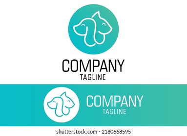 Green Circle Line Art Cat Dog Head Logo Design Concept