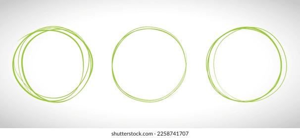 Green circle line hand drawn set. Highlight hand drawing circle isolated on background. Round handwritten circle. For marking text, note, mark icon, number, marker pen, pencil and text check, vector