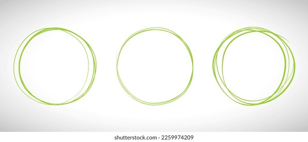 Green circle line hand drawn set. Highlight hand drawing circle isolated on background. Round handwritten circle. For marking text, note, mark icon, number, marker pen, pencil and text check, vector