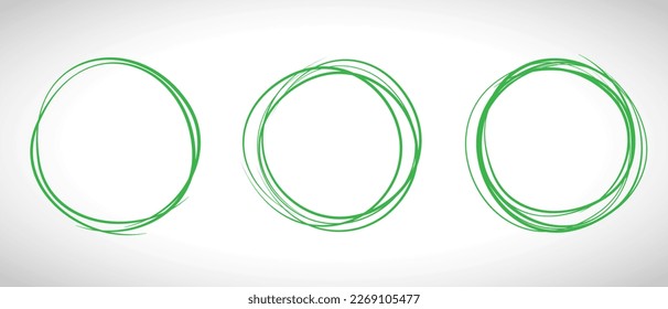 Green circle line hand drawn set. Highlight hand drawing circle isolated on background. Round handwritten circle. For marking text, note, mark icon, number, marker pen, pencil and text check, vector