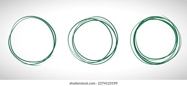 Green circle line hand drawn set. Highlight hand drawing circle isolated on background. Round handwritten circle. For marking text, note, mark icon, number, marker pen, pencil and text check, vector