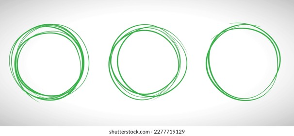 Green circle line hand drawn set. Highlight hand drawing circle isolated on background. Round handwritten circle. For marking text, note, mark icon, number, marker pen, pencil and text check, vector