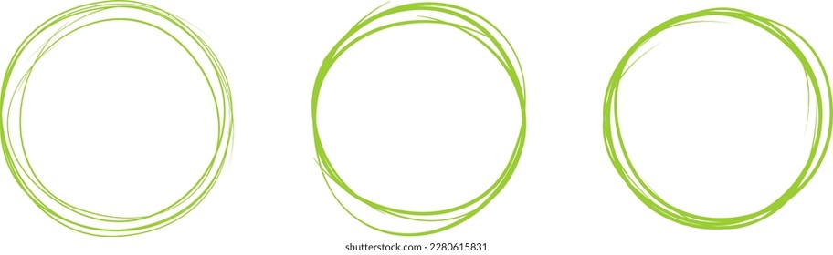 Green circle line hand drawn set. Highlight hand drawing circle isolated on background. Round handwritten circle. For marking text, note, mark icon, number, marker pen, pencil and text check, vector