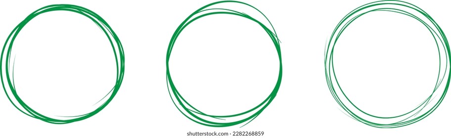 Conjunto dibujado a mano en la línea de círculo verde. Resaltar el círculo de dibujo a mano aislado en el fondo. Círculo redondo escrito a mano. Para marcar texto, nota, icono de marca, número, lápiz de marcadores, revisión de lápiz y texto, vector