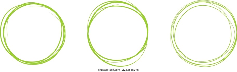 Green circle line hand drawn set. Highlight hand drawing circle isolated on background. Round handwritten circle. For marking text, note, mark icon, number, marker pen, pencil and text check, vector