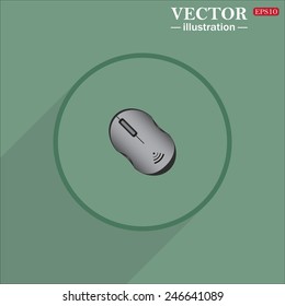 Green circle with a long shadow, realistic wireless mouse, vector illustration, EPS 10