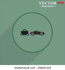 Green circle with a long shadow, trailer, car, suitcase on wheels , vector illustration, EPS 10