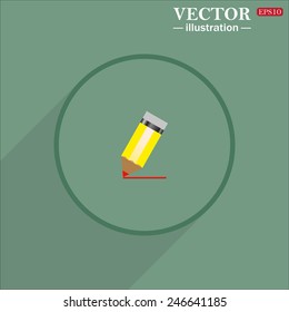 Green circle with a long shadow, yellow pencil, vector, EPS 10