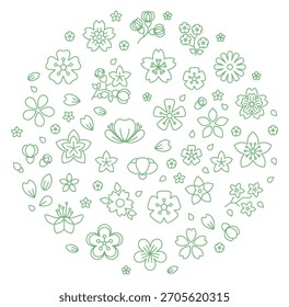 Un círculo verde con muchas flores diferentes dibujadas en él