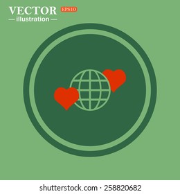 Green circle on a green background with a stroke.  Icon planet and two red hearts. Symbol of love between the nation. Globe.  vector illustration, EPS 10 