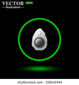 Green circle on a black background with illumination. icon smartphone camera and flash, vector illustration, EPS 10