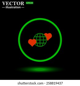 Green circle on a black background with illumination.  Icon planet and two red hearts. Symbol of love between the nation. Globe.  vector illustration, EPS 10 