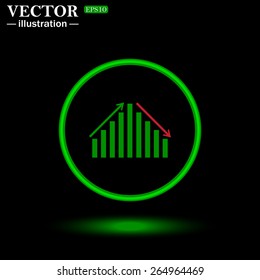 Green circle on a black background with illumination.  Icon chart with arrows, vector illustration, EPS 10