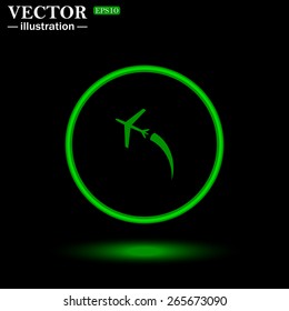 Green circle on a black background with illumination.  The plane takes off. Icon plane. Vector illustration, EPS 10 