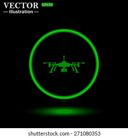 Green circle on a black background with illumination. Quadrocopter. icon. vector design