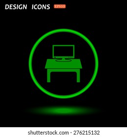 Green circle on a black background with illumination. Computer desk, workplace. icon. vector design