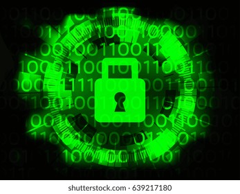Green of circle  with padlock inside on binary code background. Vector illustration. Cyber security technology concept.