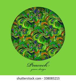 Green circle peacock feathers pattern background. Text place. Vintage vector illustration.