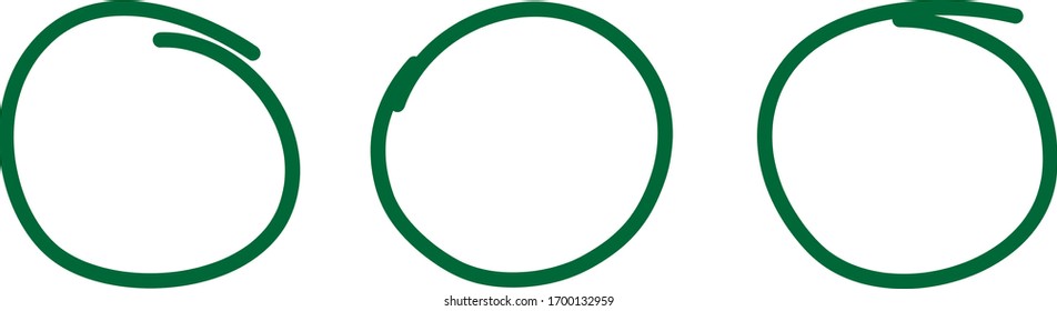 Green circle pen draw set. Highlight hand drawn circle isolated on white background. Handwritten green circle. For marker pen, pencil, logo and text check. Vector illustration