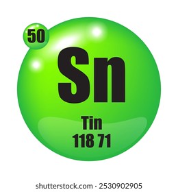 Círculo verde com elemento de tabela periódica para Tin Sn, número atômico 50. Fonte preta grande com realces brilhantes.