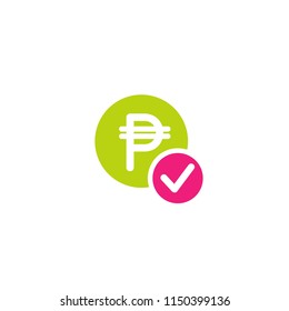 Green circle with peso sign and pink circle with tick. Flat icon. Isolated on white. Pay sign. Accept button. Check box. Good for web and software interfaces. Vector illustration.