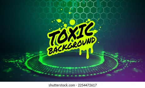 Green circle podium from dots with glowing particles rings and hexagons. Futuristic product stand for pc gaming accessories, toys, sweets, drinks. Abstract hi-tech background for display product