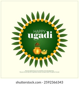  A green circle saying HAPPY UGADI a golden pot and banana It's framed by stylized green leaves with yellow dots resembling a sun or flower