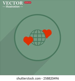 Green circle with a shadow on a green background.  Icon planet and two red hearts. Symbol of love between the nation. Globe.  vector illustration, EPS 10 
