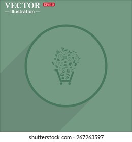 Green circle with a shadow on a green background.  Set of icons. Put into shopping cart. Great buy. Cart of goods. Supermarket, web icon. vector design