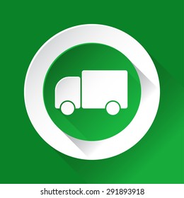 green circle shiny icon with white contour on a green background - lorry car