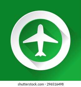 green circle shiny icon with white contour on a green background - airplane