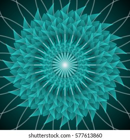 Green circle star shape with optical art effect, flourish object on dark green background, vector decoration. Abstract green image, jagged flower pattern in fractal style with 3d effect.