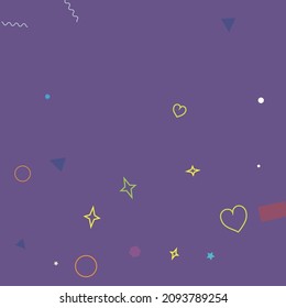 Green Circle Stars Hearts Multicolor Yellow Ring Background. Dark Purple Bright Zigzag Orange Colorful Simple Simple Hipster Art. Wave Pastel Oval Square Violet Pink Geometrical Design.
