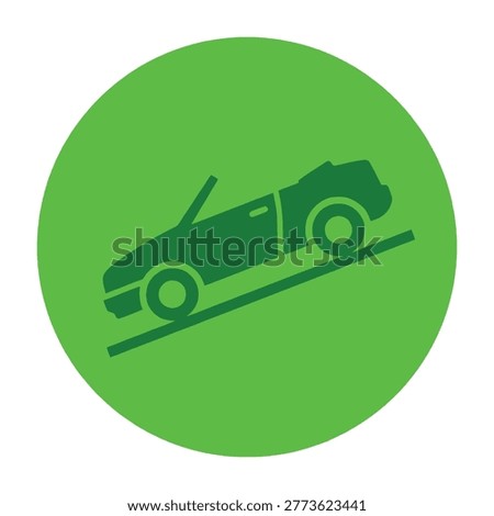 Green circle symbol with car on inclined road, representing transportation and slope