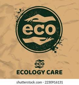 Green circle symbol with green eco symbol and ink blots. Paper background with text and hands sign