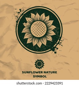Símbolo de círculo verde con símbolo de girasol verde y manchas de tinta. Fondo de papel con texto y deja el signo