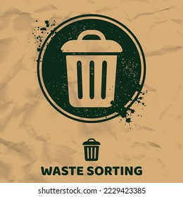 Green circle symbol with green trash symbol and ink blots. Paper background with text and leaves sign