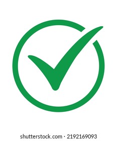 Green circle with green tick. Flat OK sticker icon. Green check mark icon. Tick symbol in green color 