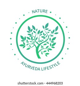 Green circle tree with leaves vector logo design template isolated on white. Ayurvedic tree icon, vector symbol of natural lifestyle. Alternative massage symbol