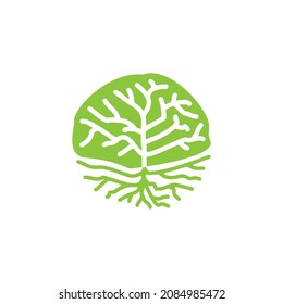 Rama de planta de árbol de círculo verde con vectores de diseño de logotipo con estilo de línea de raíces