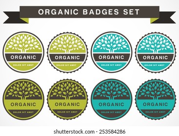 Green circle tree, vector logo design template. Set of organic product badge. Garden or ecology icon. 