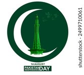 A green circle with a white crescent moon and a green Minar e Pakistan silhouette inside White birds fly around the monument and 14 AUGUST PAKISTAN DAY INDEPENDENCE is written below in white 