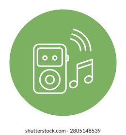A green circle with a white outline of a portable music player and musical note, symbolizing music on the go