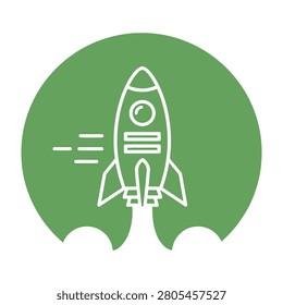 A green circle with a white rocket ship flying upwards with motion lines