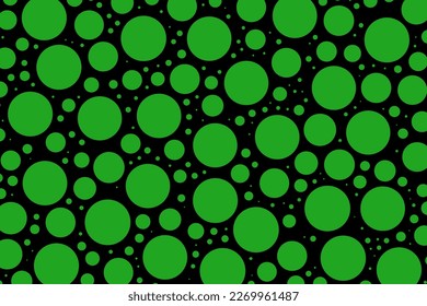 Green circles on a black background vector illustration. Random size polka dots banner. Seamless dotted circle wallpaper design. Scattered circular bubble.