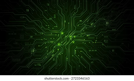 Green circuit board background with intricate tech patterns and digital pathways, perfect for modern technology projects and abstract electronic design concepts. Digital vector illustration 