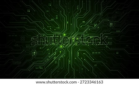 Green circuit board background with intricate tech patterns and digital pathways, perfect for modern technology projects and abstract electronic design concepts. Digital vector illustration 