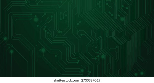 Fundo verde da placa de circuito com traços de néon e microchips brilhantes para projetos de tecnologia eps10